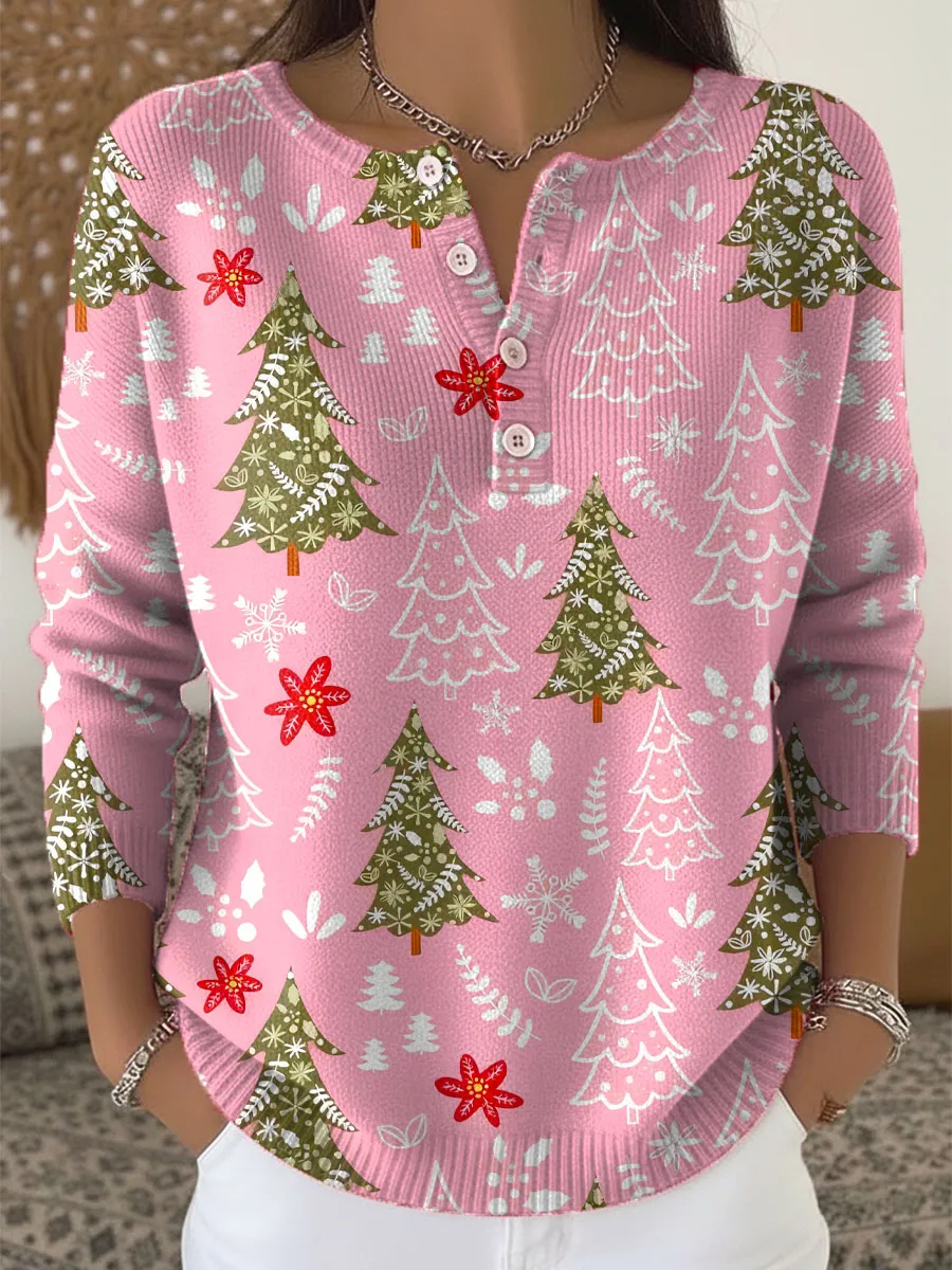 Women's Christmas Tree Art Print Buttoned Cardigan Sweater