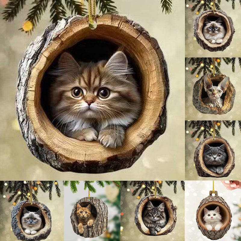 🎁❤️Forest Tree Hole Cat Ornament – ​​Cozy Forest Christmas Decoration