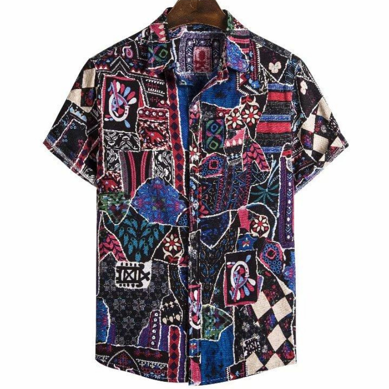 Men's Summer Patchwork Print Casual Vintage Short Sleeve Shirt