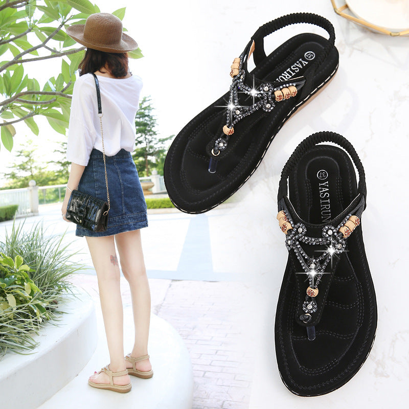 Women Fashion Crystal Bead Flat Sandals