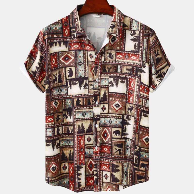 Men's Summer Patchwork Print Casual Vintage Short Sleeve Shirt