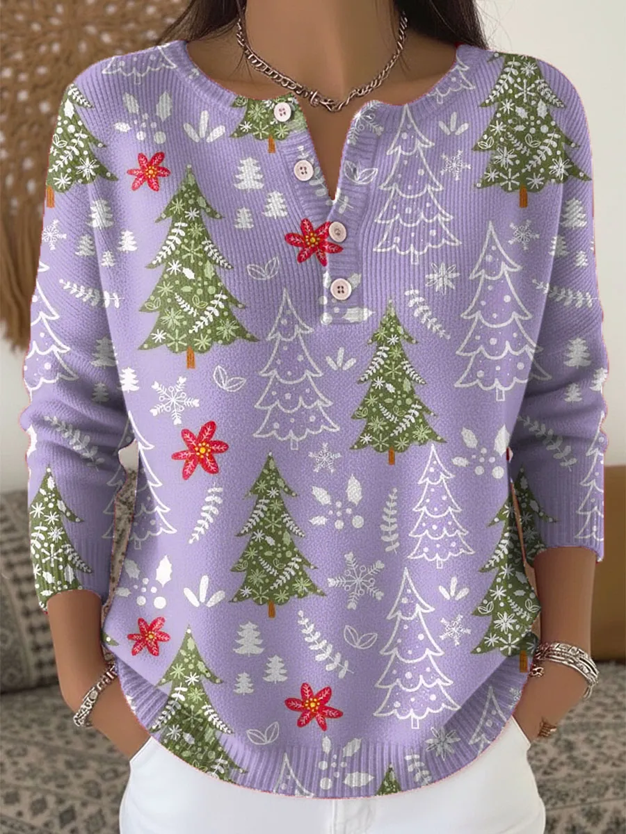 Women's Christmas Tree Art Print Buttoned Cardigan Sweater