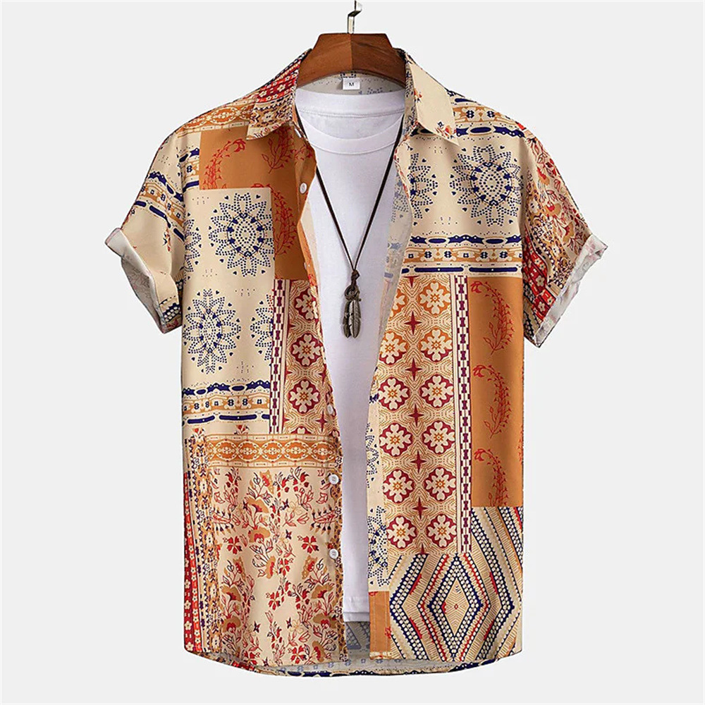 Men's Summer Patchwork Print Casual Vintage Short Sleeve Shirt