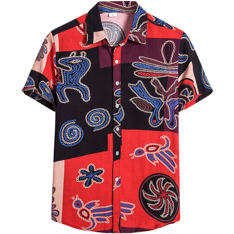 Men's Summer Patchwork Print Casual Vintage Short Sleeve Shirt