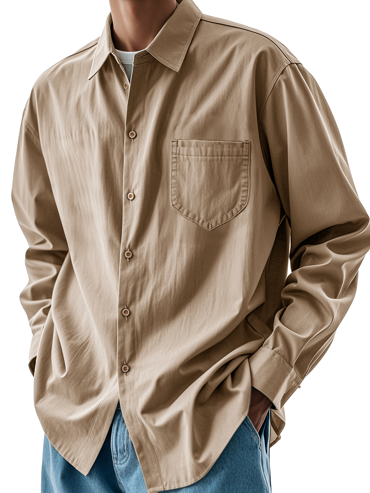 Men's Fashion Casual Pleated Fabric Pocket Lapel Long-sleeved Shirt
