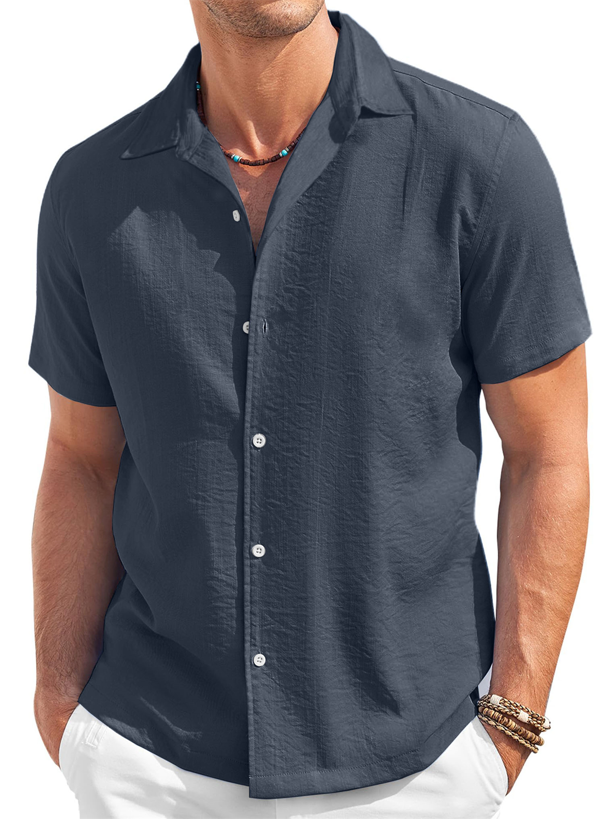 Men's Cotton And Linen Texture Comfortable Casual Daily Short-sleeved Shirt