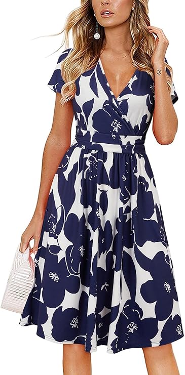 Women's Summer Short Sleeve V-Neck Floral Short Party Dress with Pockets