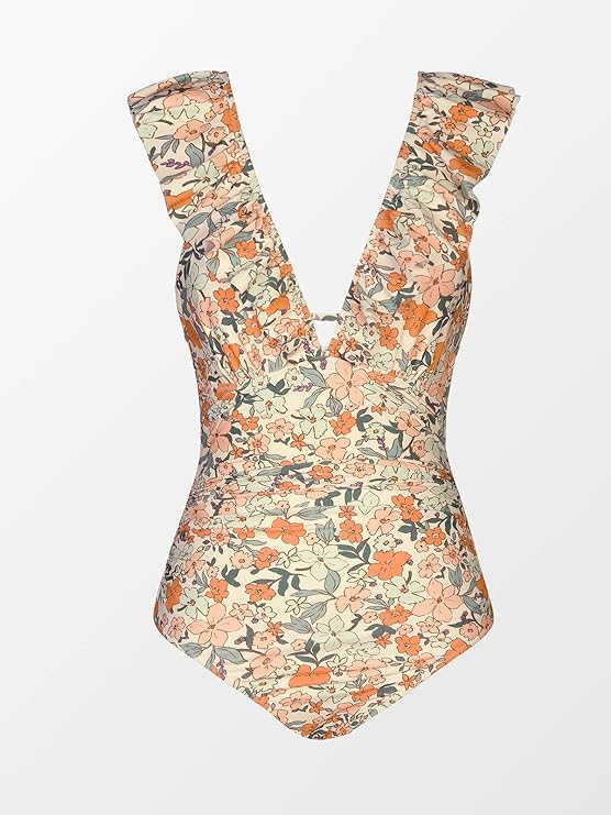 Women's Ruffled One Piece Swimsuit V Neck Lace Up