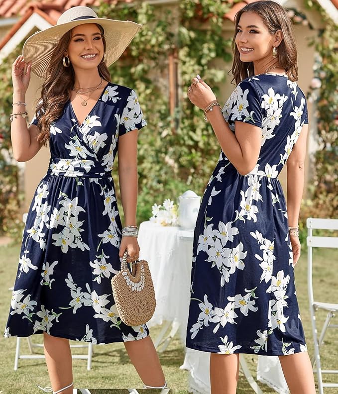 Women's Summer Short Sleeve V-Neck Floral Short Party Dress with Pockets