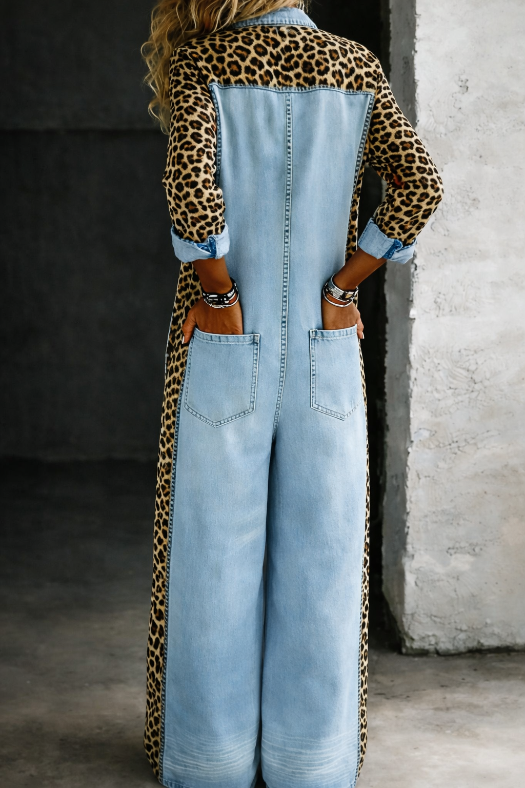 Leopard Contrast Wide-Leg Denim Jumpsuit