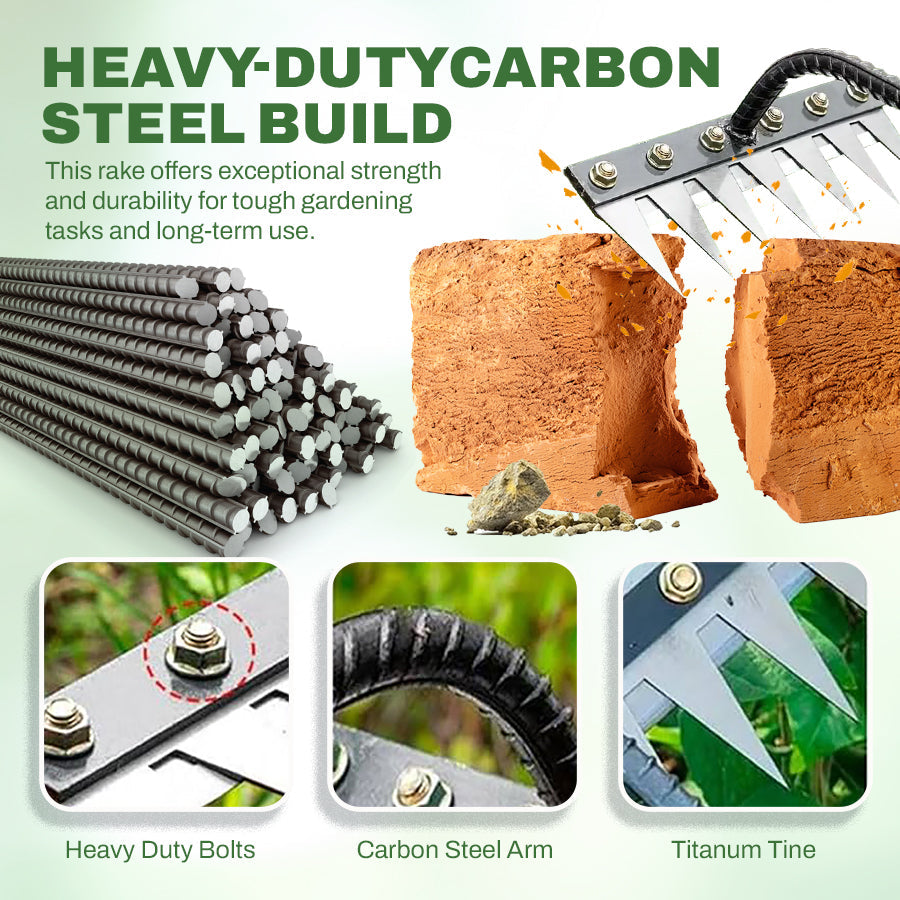 🌟Hot Sale! 🍃Multi-Tine Carbon Steel Garden Cultivator Rake – 5/6/7/8 Teeth Options Available