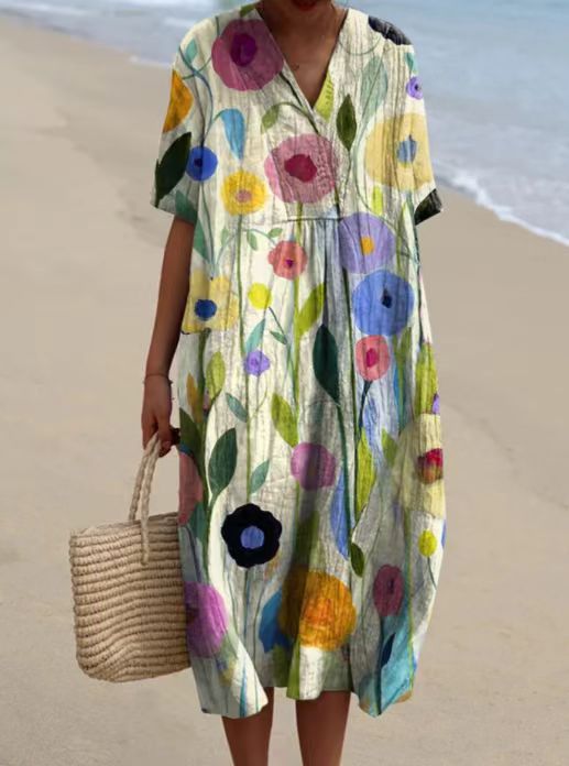 Boho Floral Vintage V Neck Beach Sundress