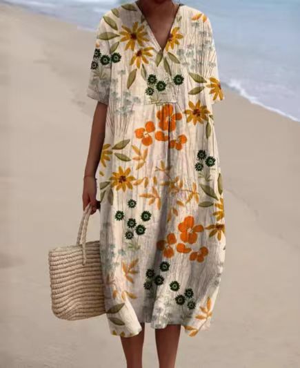 Boho Floral Vintage V Neck Beach Sundress