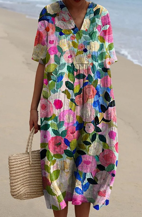 Boho Floral Vintage V Neck Beach Sundress