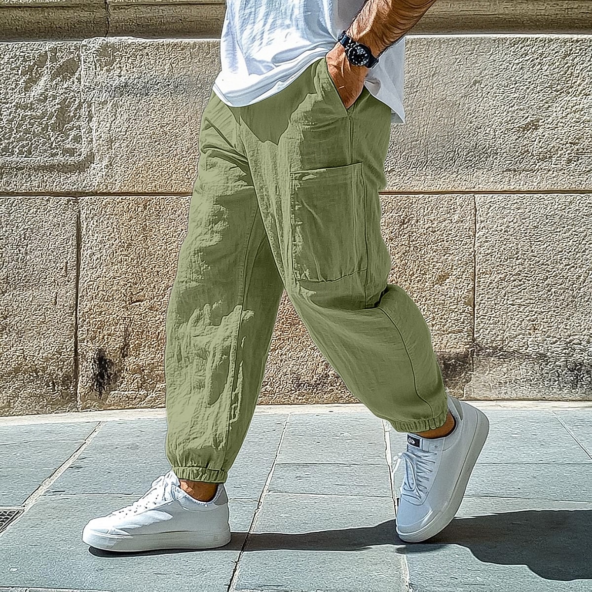 Men's Linen Pants Trousers Summer Pants Baggy Pants Elastic Cuff Plain Comfort Breathable Full Length Casual Daily Holiday Vacation Fashion Black White