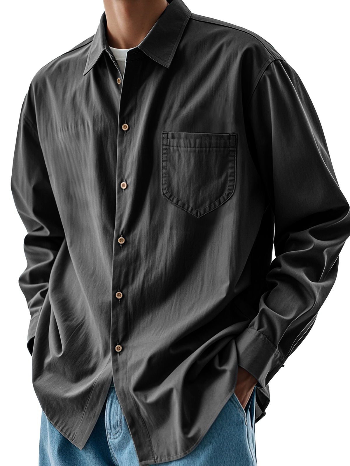 Men's Fashion Casual Pleated Fabric Pocket Lapel Long-sleeved Shirt