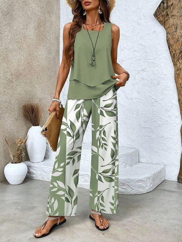 Sleeveless double layer vest pants two piece set