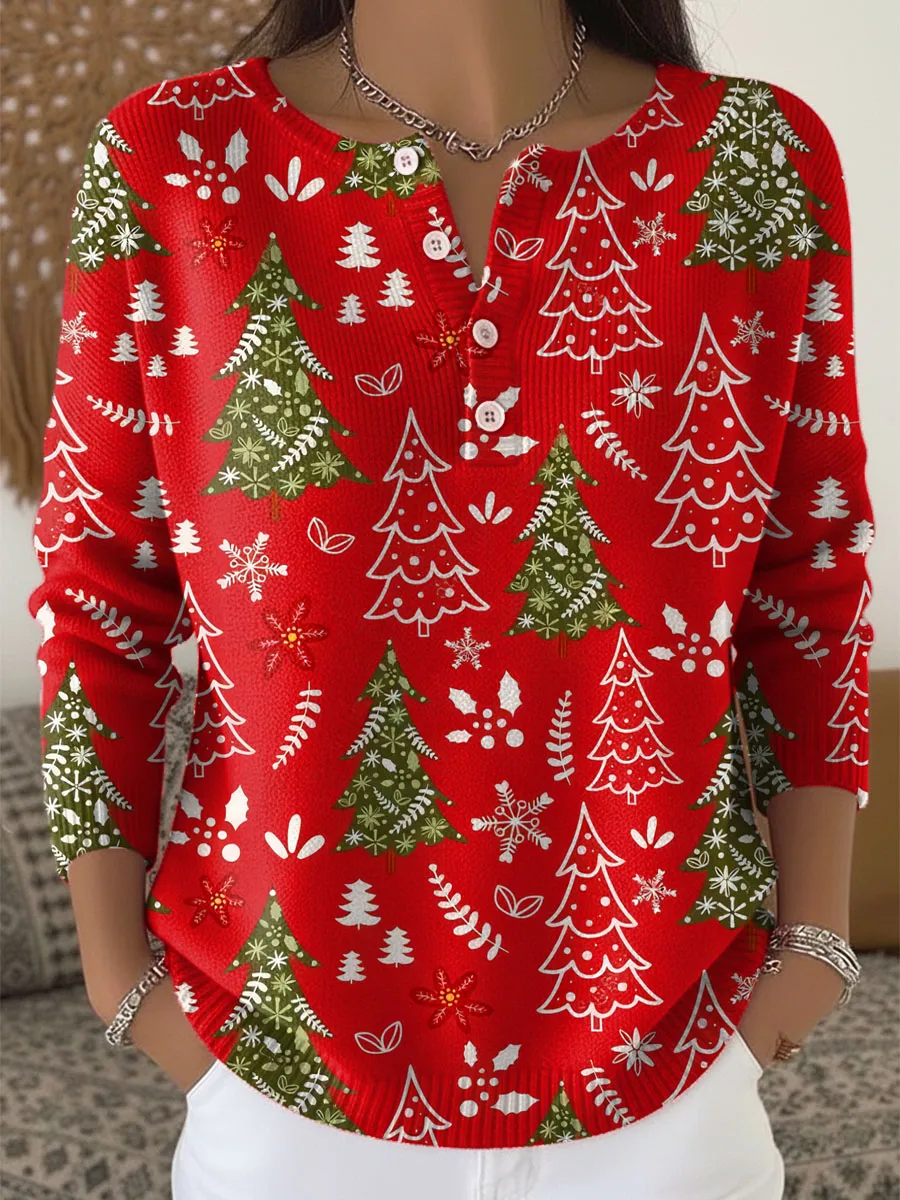 Women's Christmas Tree Art Print Buttoned Cardigan Sweater