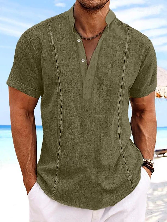 Summer Striped Linen Band‑Collar Shirt – Beach & Smart Short‑Sleeve