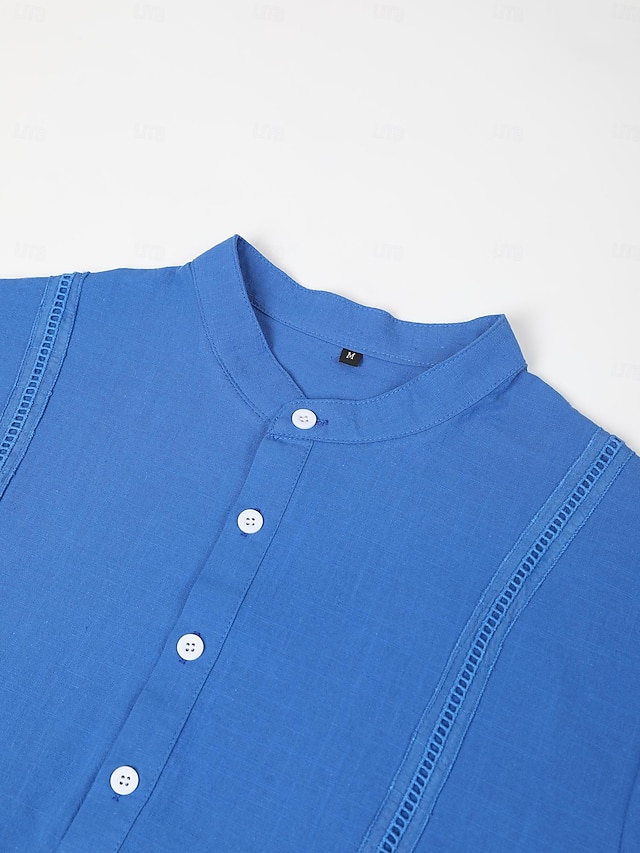 Summer Striped Linen Band‑Collar Shirt – Beach & Smart Short‑Sleeve