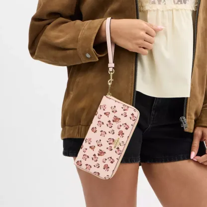 Long Zip Around Wallet With Rosette Print