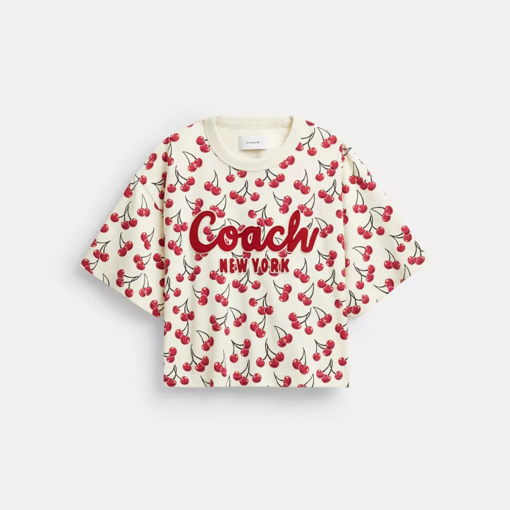 Cherry Print Cursive Signature Cropped T Shirt In Organic Cotton