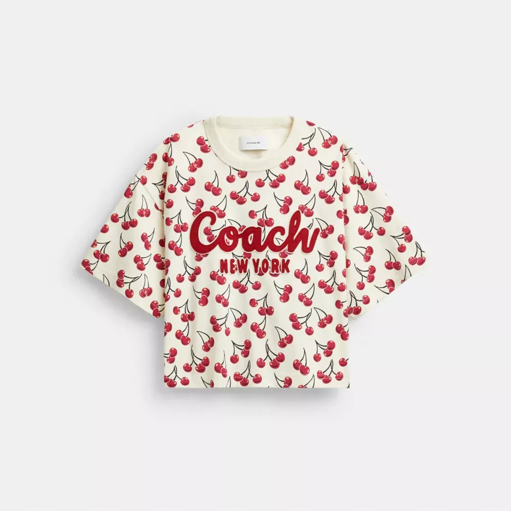 Cherry Print Cursive Signature Cropped T Shirt In Organic Cotton