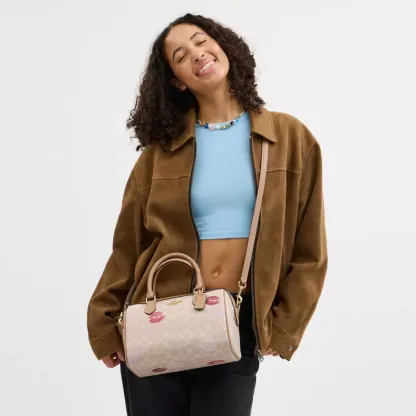 Rowan Satchel Bag In Signature Canvas With Lips Print