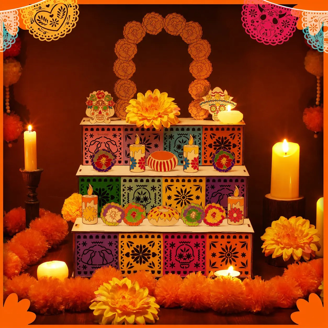 3-Tier Wooden Mexican Día de los Muertos Altar Display Set