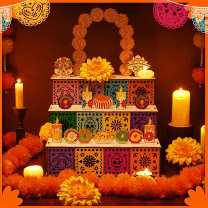 3-Tier Wooden Mexican Día de los Muertos Altar Display Set