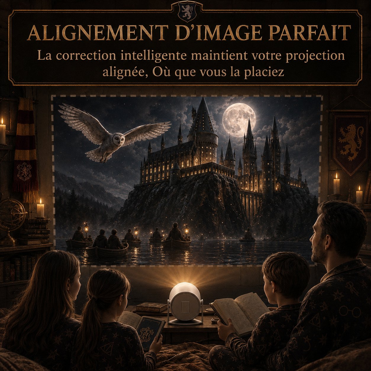 Family enjoying an immersive projected castle scene together
