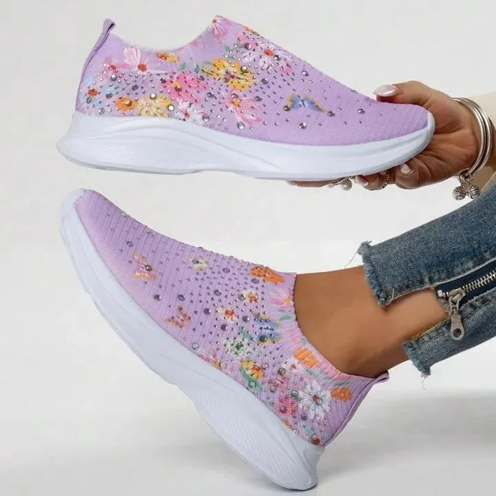 Flower Rhinestone Slip-on Sport Sneakers