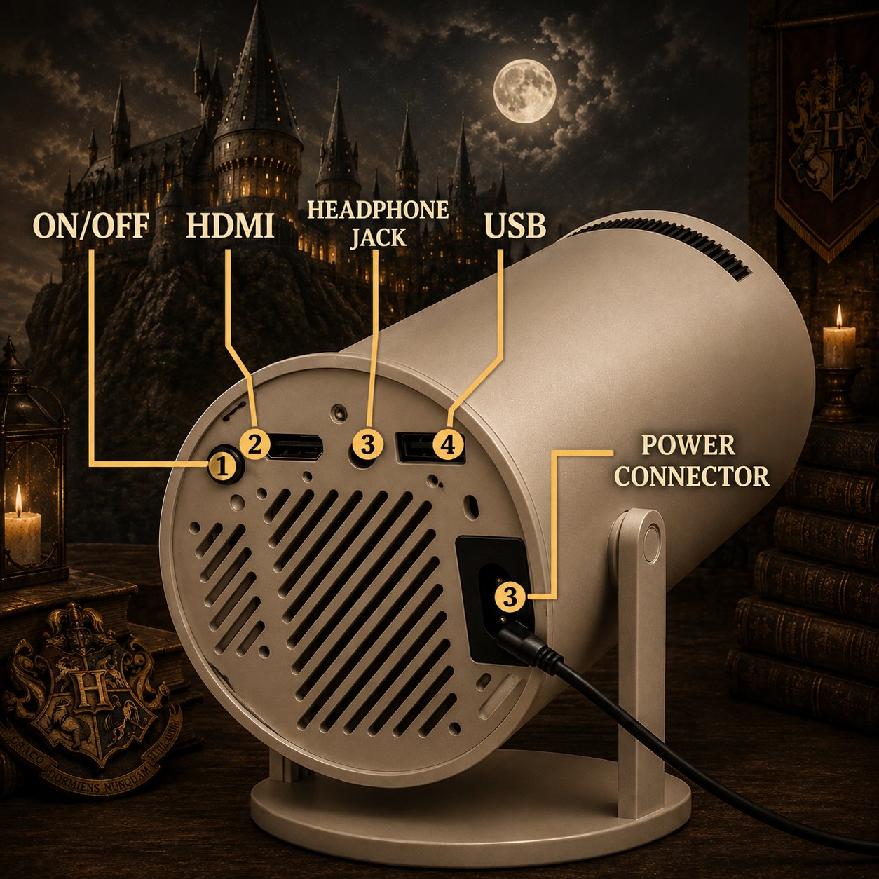 Step-by-step projector setup showing placement, connection, wireless pairing, and streaming