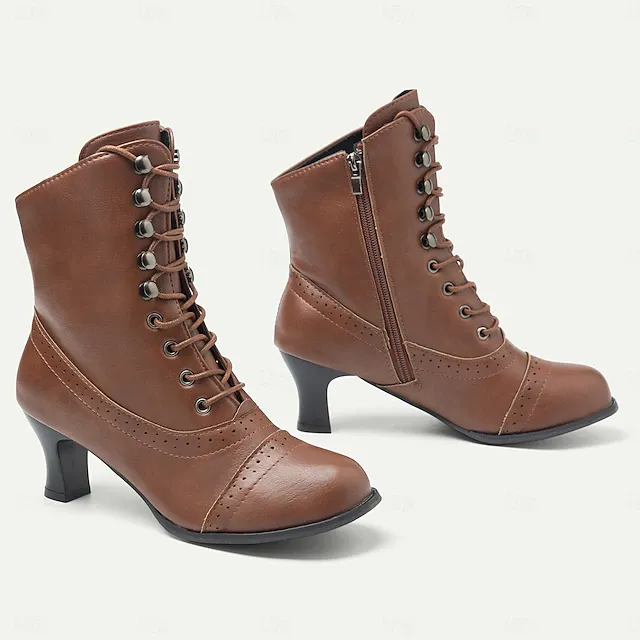 Women's Victorian Brown Lace-Up Mid-Heel Boots