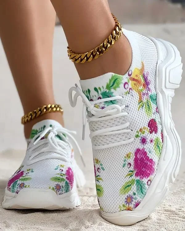 Floral Print Lace-up Breathable Orthopedic Sneakers