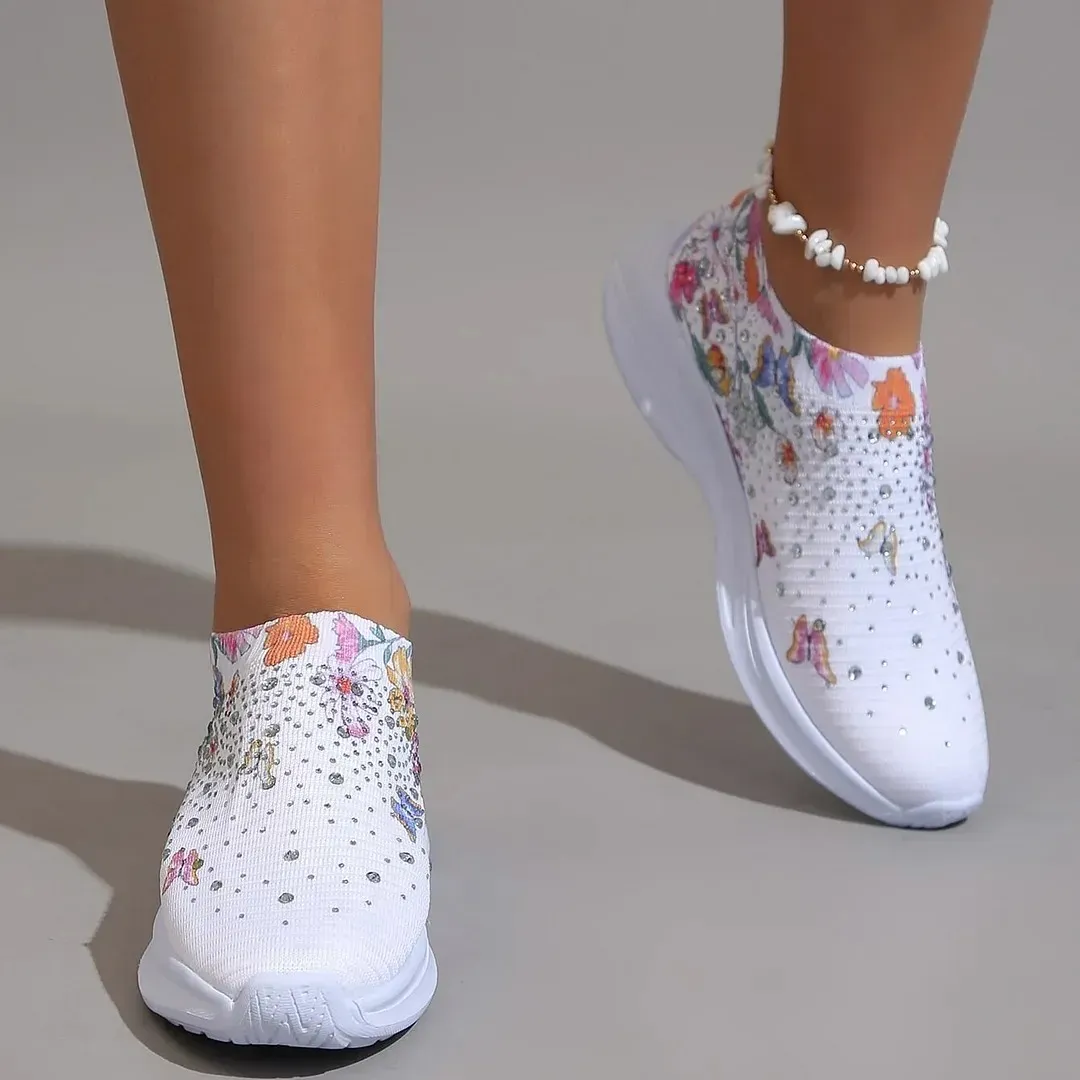 Flower Rhinestone Slip-on Sport Sneakers
