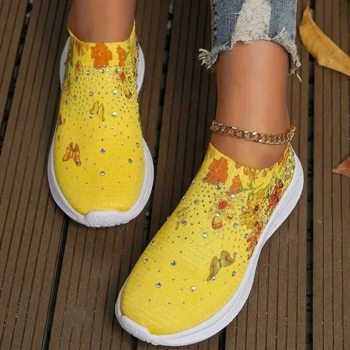 Flower Rhinestone Slip-on Sport Sneakers