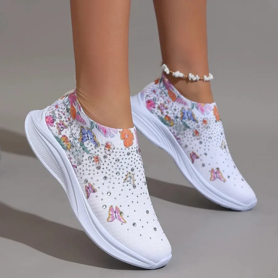 Flower Rhinestone Slip-on Sport Sneakers