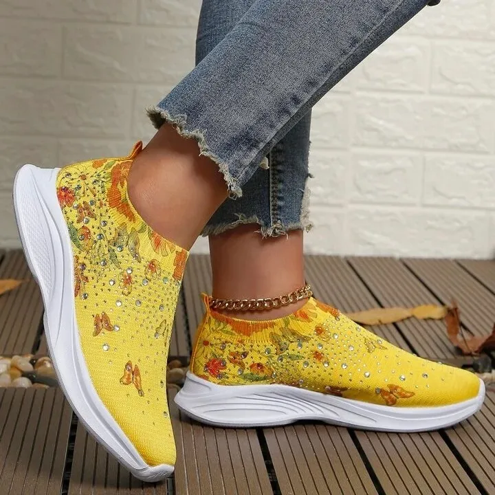 Flower Rhinestone Slip-on Sport Sneakers