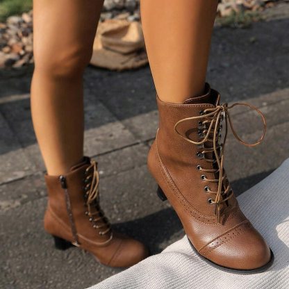 Women's Victorian Brown Lace-Up Mid-Heel Boots