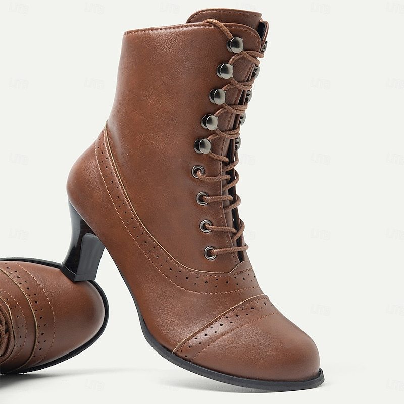 Women's Victorian Brown Lace-Up Mid-Heel Boots