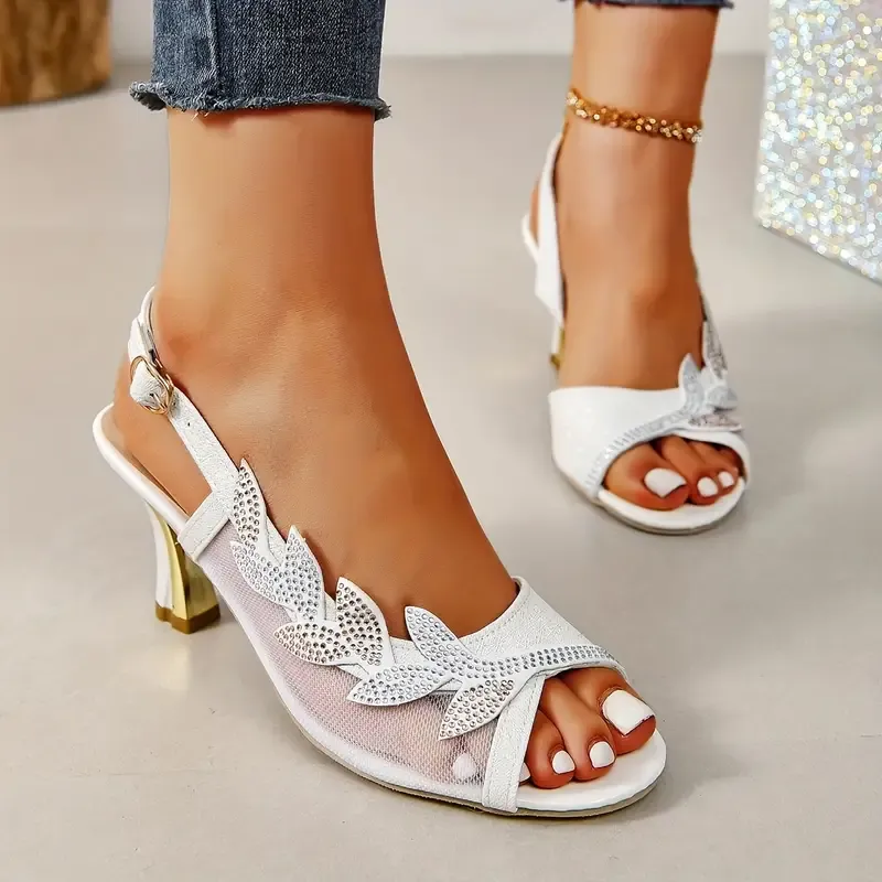 Women's Flower Rhinestone Block Heel Sandals