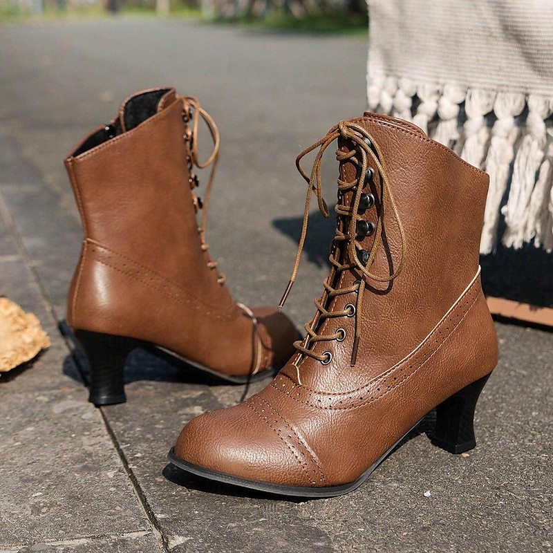 Women's Victorian Brown Lace-Up Mid-Heel Boots