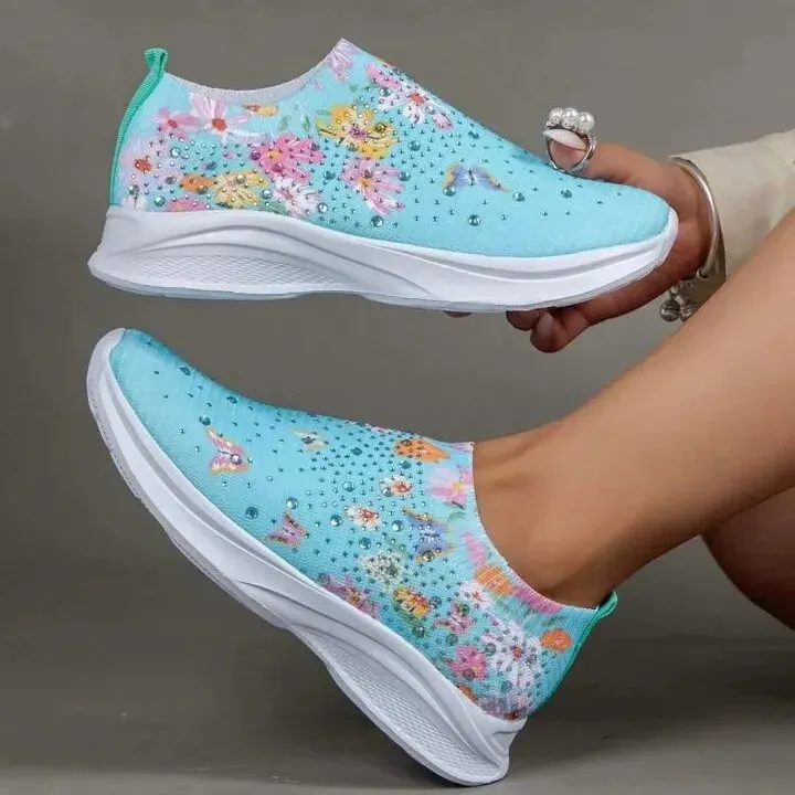 Flower Rhinestone Slip-on Sport Sneakers