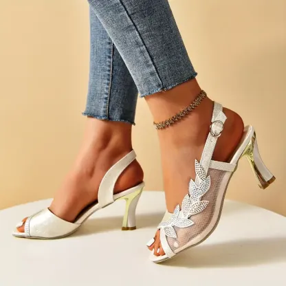 Women's Flower Rhinestone Block Heel Sandals