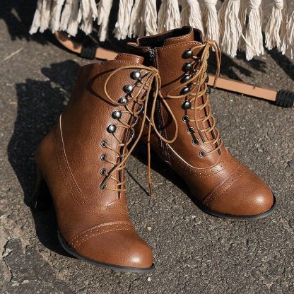 Women's Victorian Brown Lace-Up Mid-Heel Boots