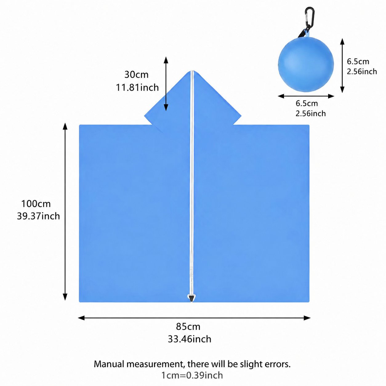 Blue rain poncho size and compact keychain ball measurement