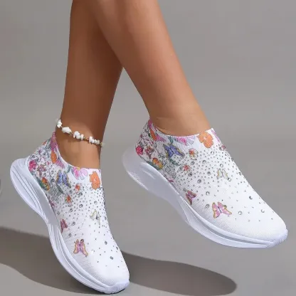 Flower Rhinestone Slip-on Sport Sneakers