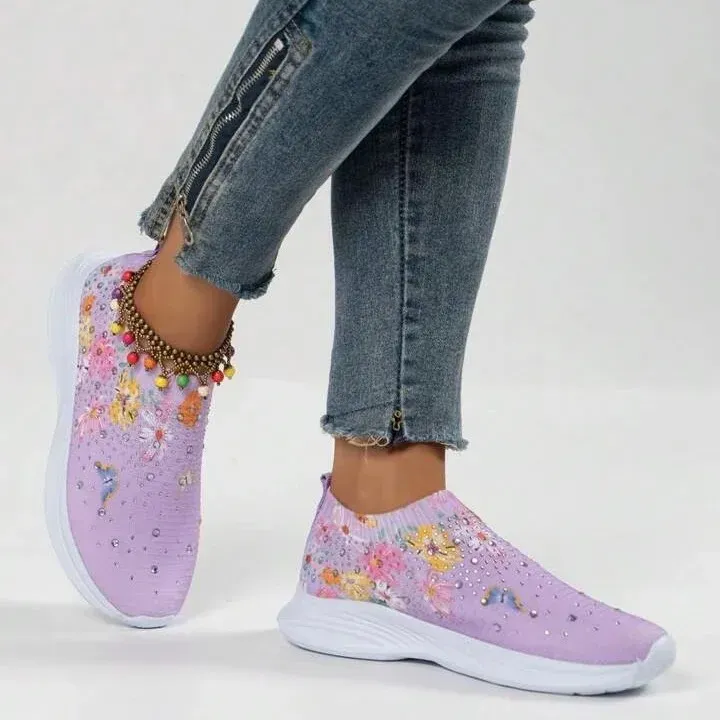 Flower Rhinestone Slip-on Sport Sneakers