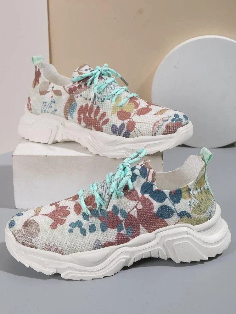 Floral Print Lace-up Breathable Orthopedic Sneakers